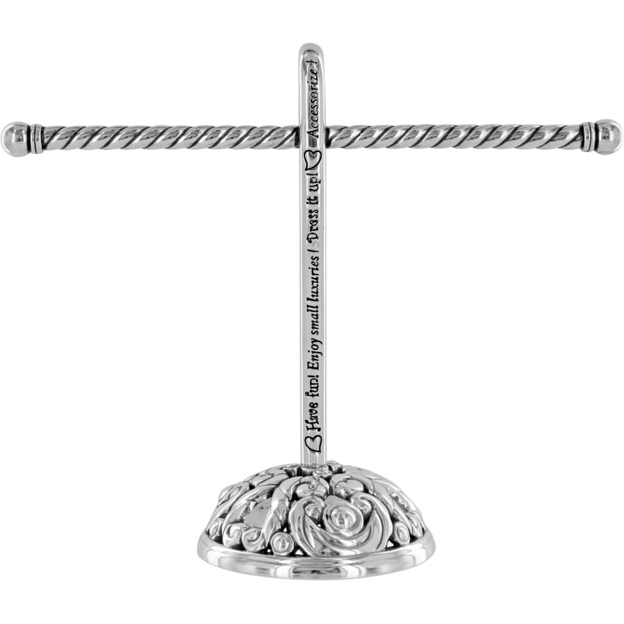 Brighton silver-plated jewelry stand with twisted T-bar, ornate scrolled base, and engraved script on a white background