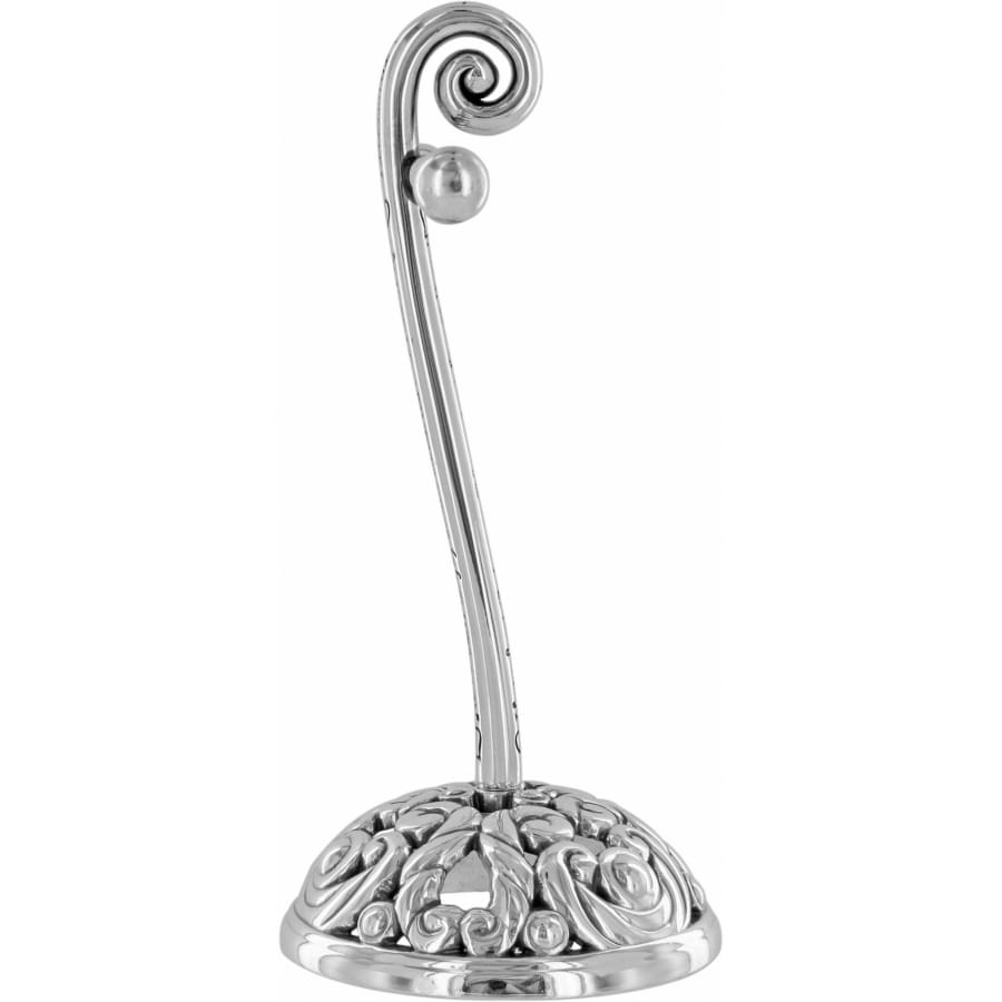 Brighton place card holder with silver-plated scrolled spiral top and ornate filigree domed base on a white background