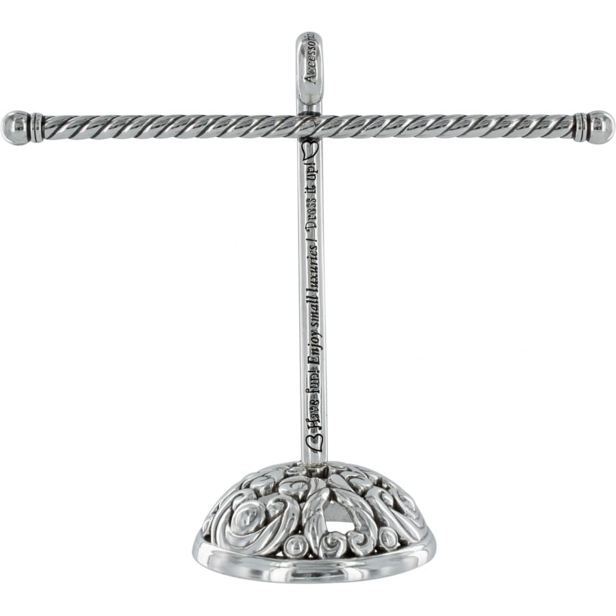 Brighton silver-plated jewelry stand with twisted T-bar, engraved script post, and ornate scrollwork base on a white background