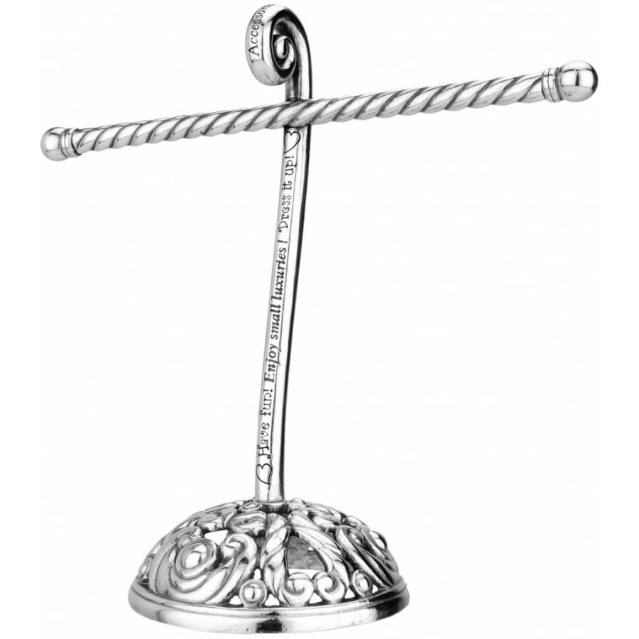 Brighton silver-plated jewelry stand with T-bar, engraved script post, and ornate scrolled domed base on a white background