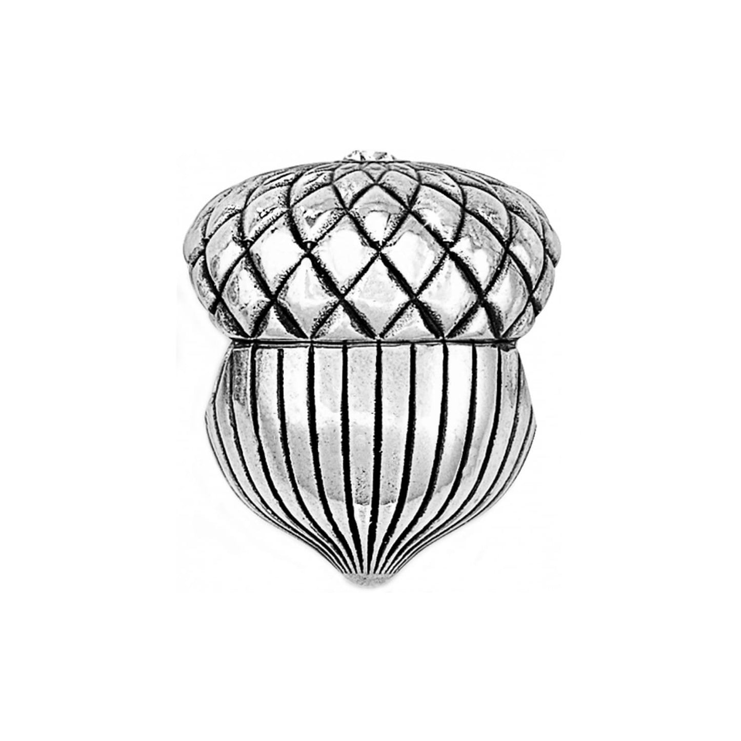 Brighton acorn charm with silver-plated finish featuring textured cap and ridged body detailing on a white background
