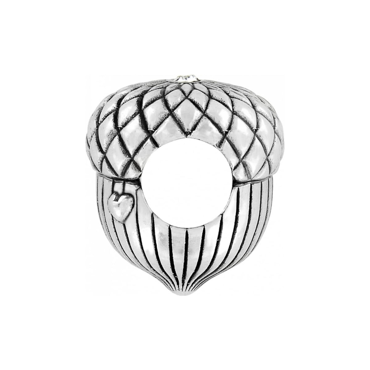 Brighton silver-plated acorn-shaped charm with textured cap, ridged base, and small heart accent on a white background