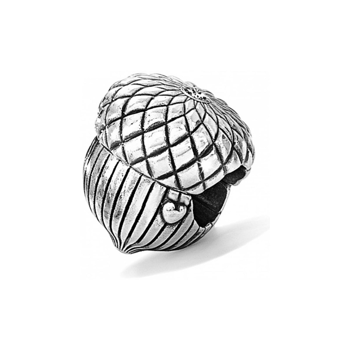 Brighton acorn-shaped charm with silver-plated finish featuring crosshatch cap and ribbed body on a white background