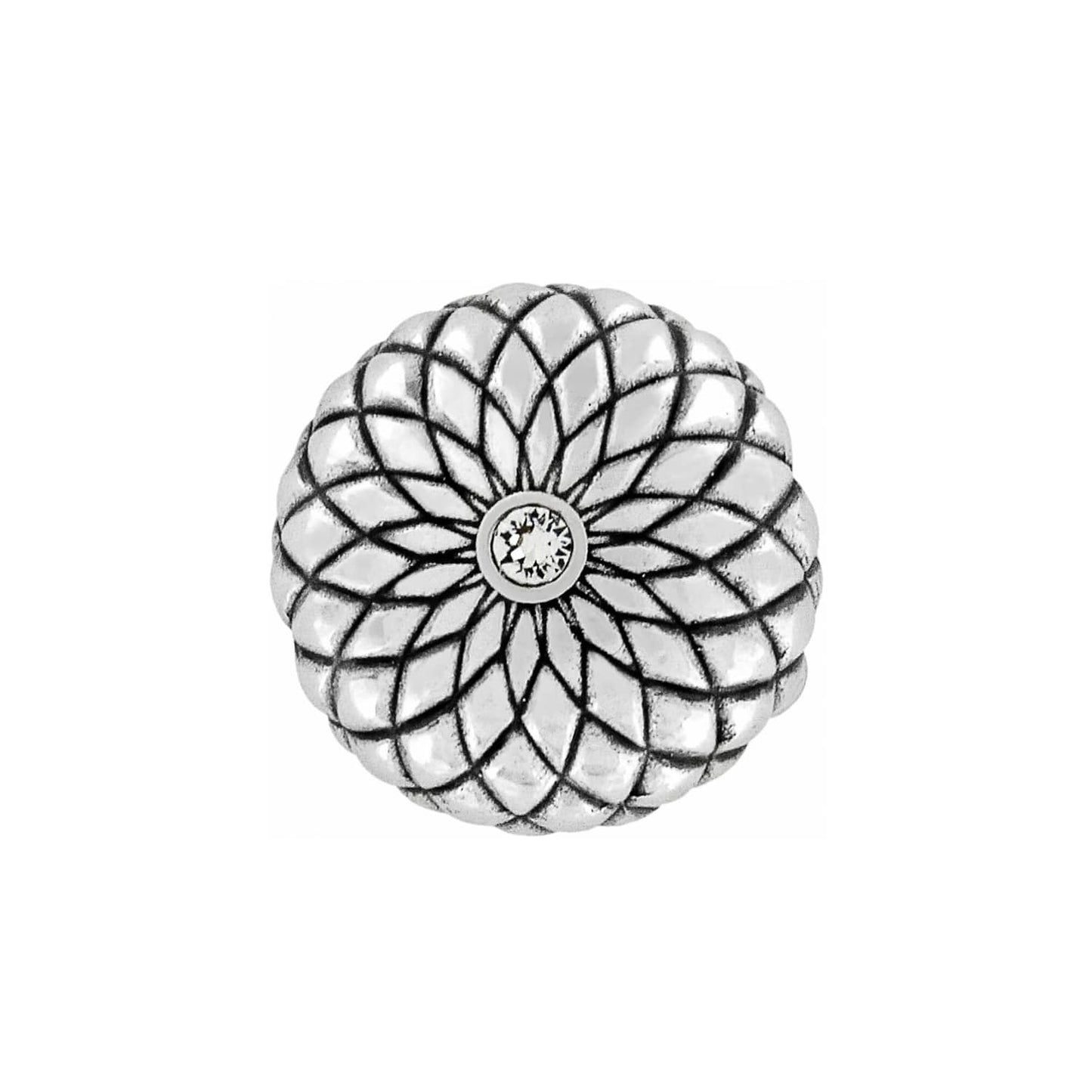 Brighton silver-plated round bead with layered petal pattern and center crystal accent on a white background