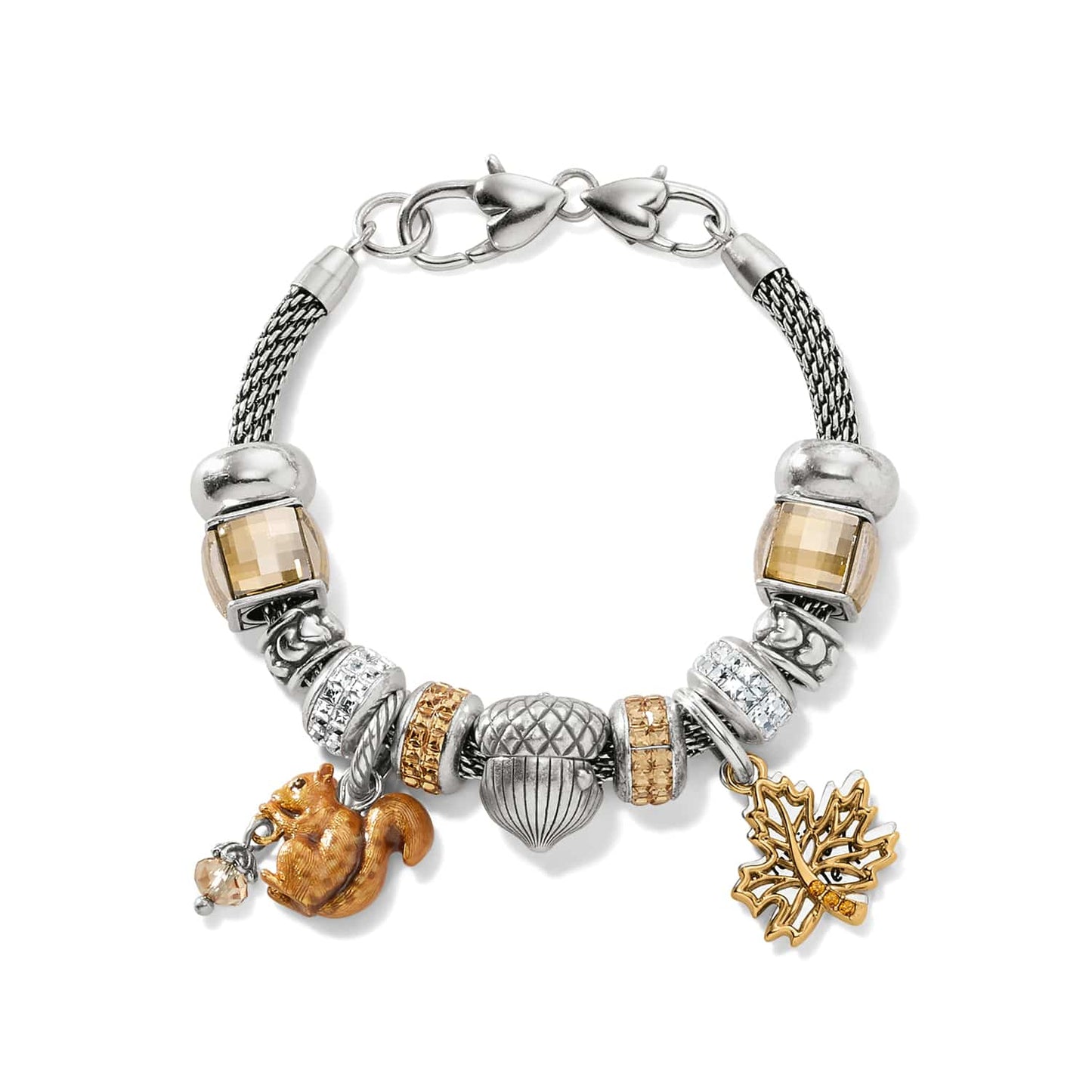 Brighton charm bracelet with silver-plated beads, crystal accents, squirrel, acorn, and gold maple leaf charms on a white background