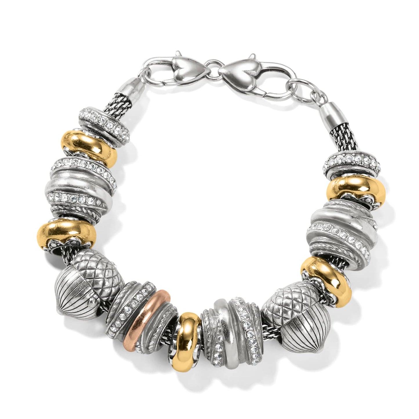 Brighton beaded bracelet with silver-plated, gold-tone, and rose-tone beads accented with crystal pave on a white background