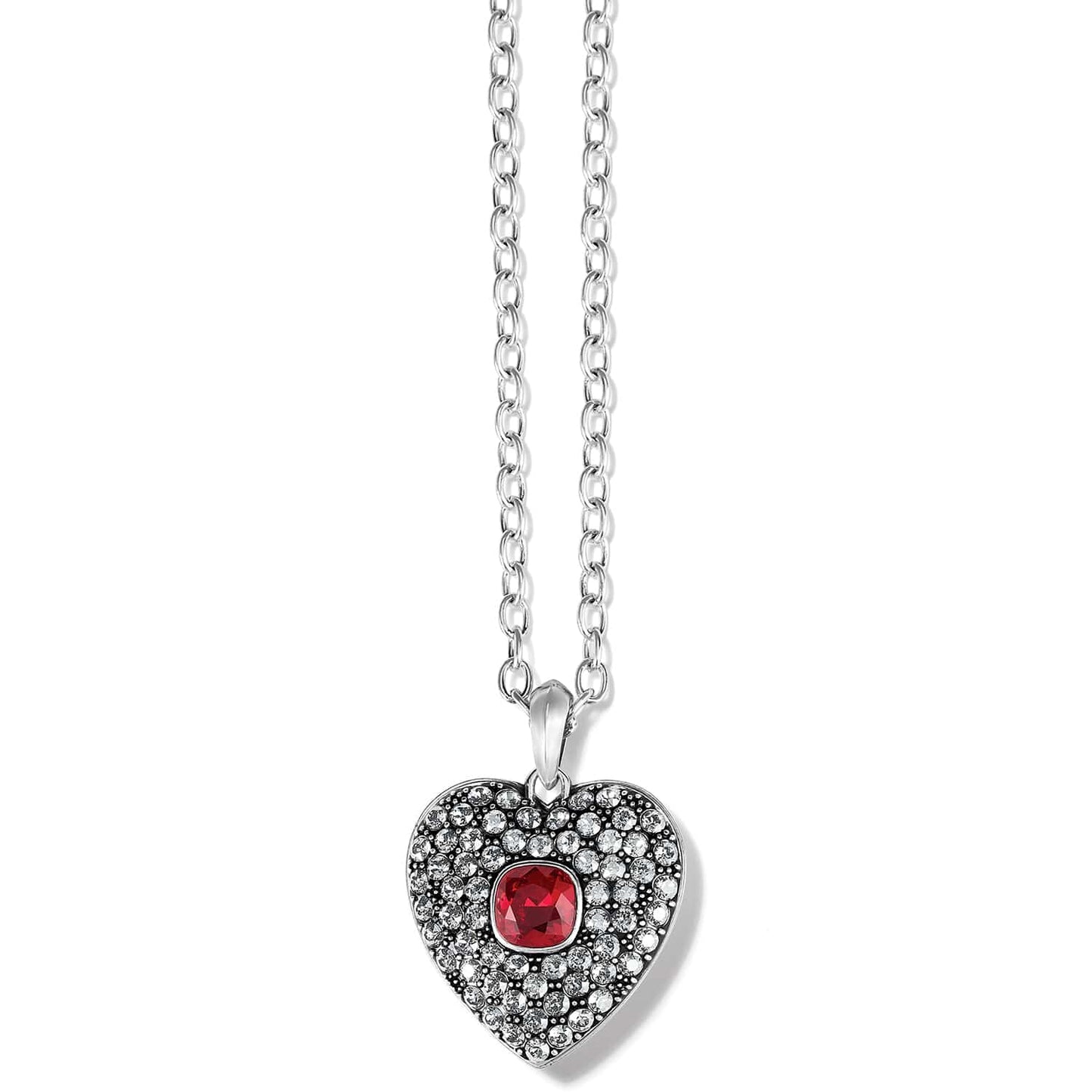Brighton pendant necklace with silver-plated heart, pavé crystals, and red center stone on a white background