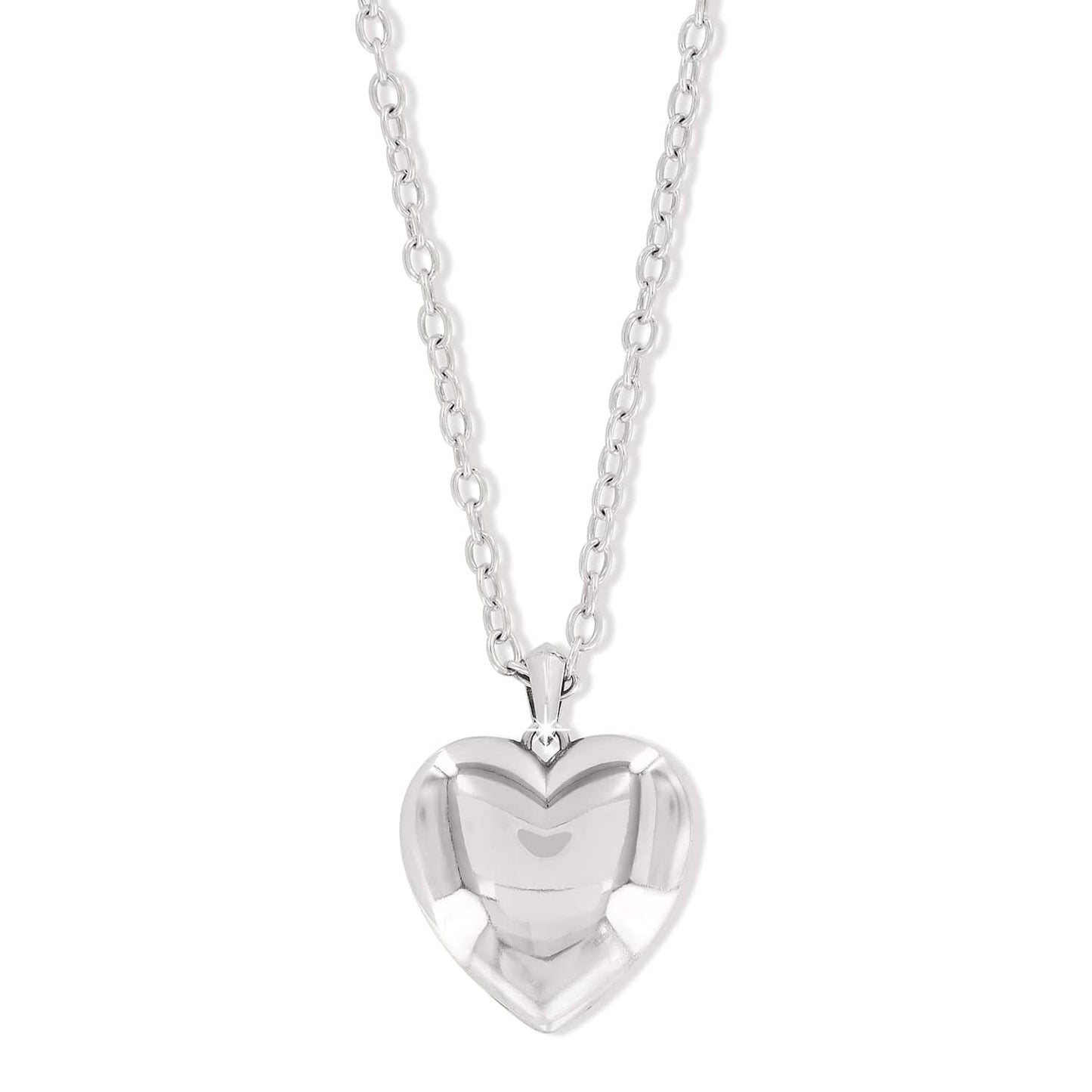Brighton heart pendant necklace with silver-plated puffed heart charm and cable chain on a white background