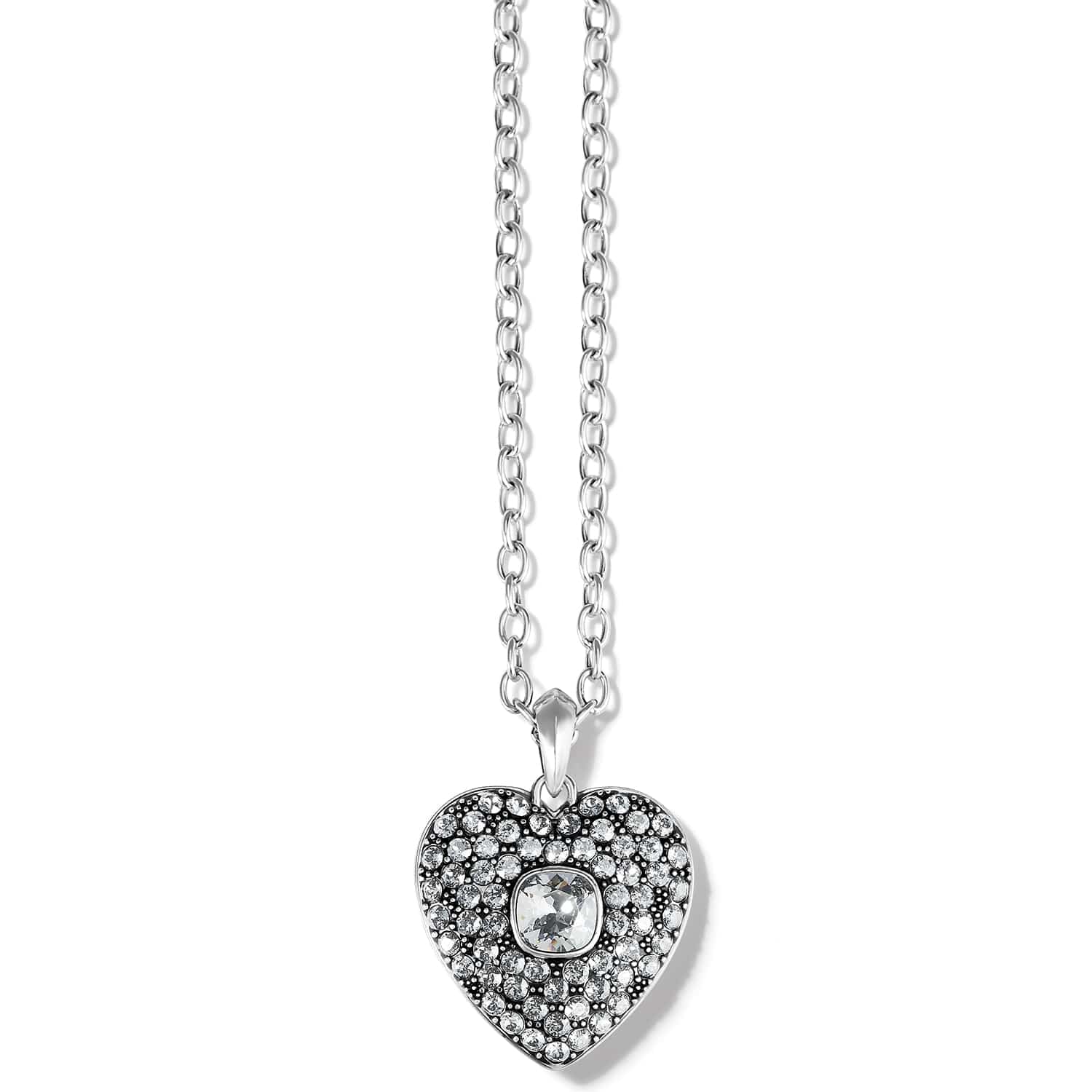 Brighton pendant necklace with silver-plated heart pavé crystal design and center crystal stone on a white background