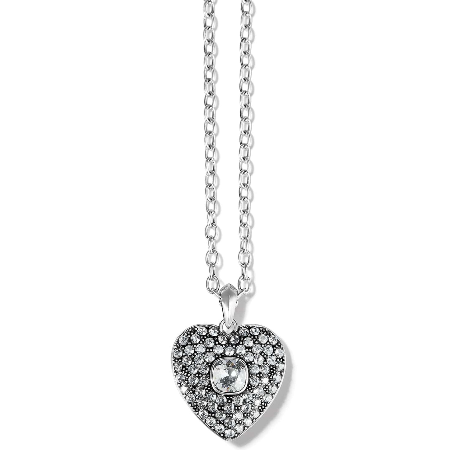 Brighton pendant necklace with silver-plated heart pavé crystal design and center crystal stone on a white background