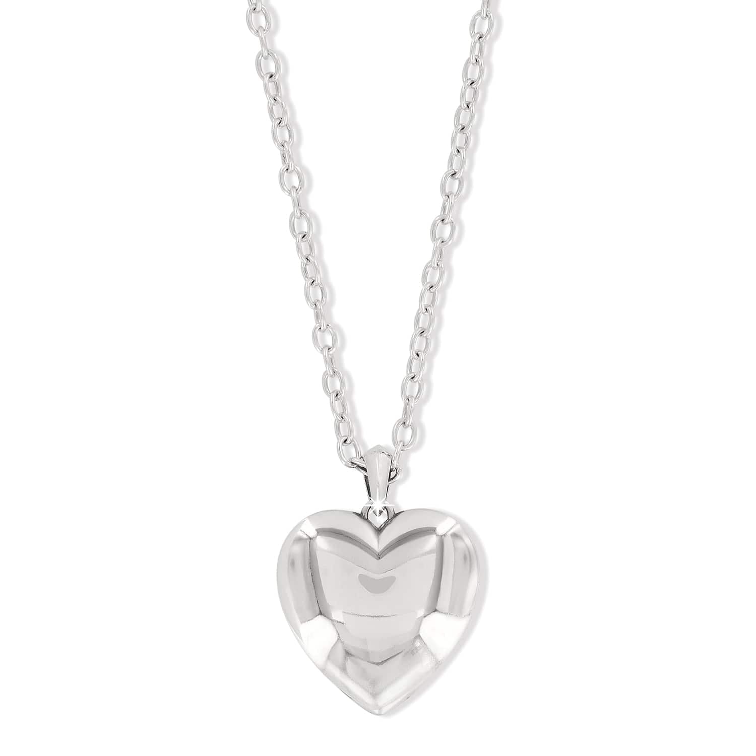 Brighton heart pendant necklace with silver-plated puffed heart charm and cable chain on a white background