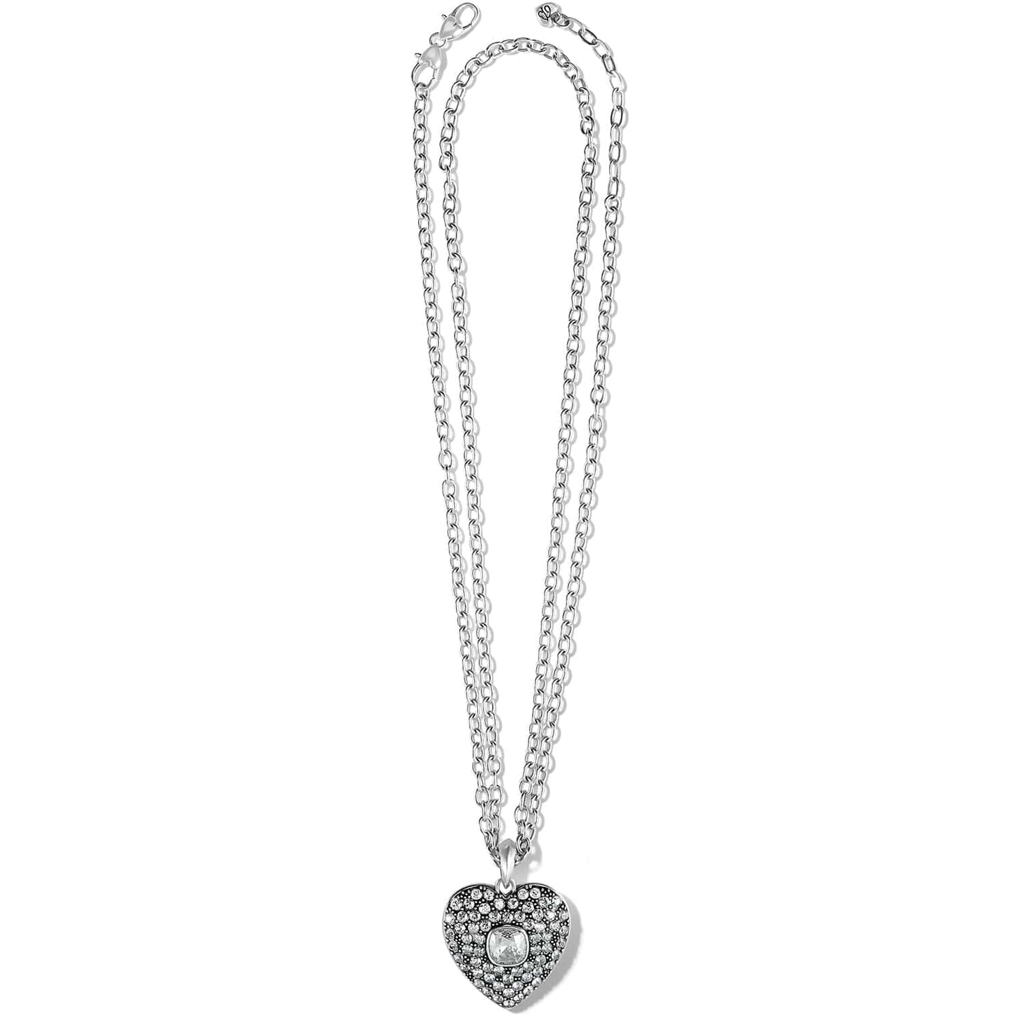 Brighton silver-plated heart pendant necklace with crystal pavé and center faceted crystal stone on a white background