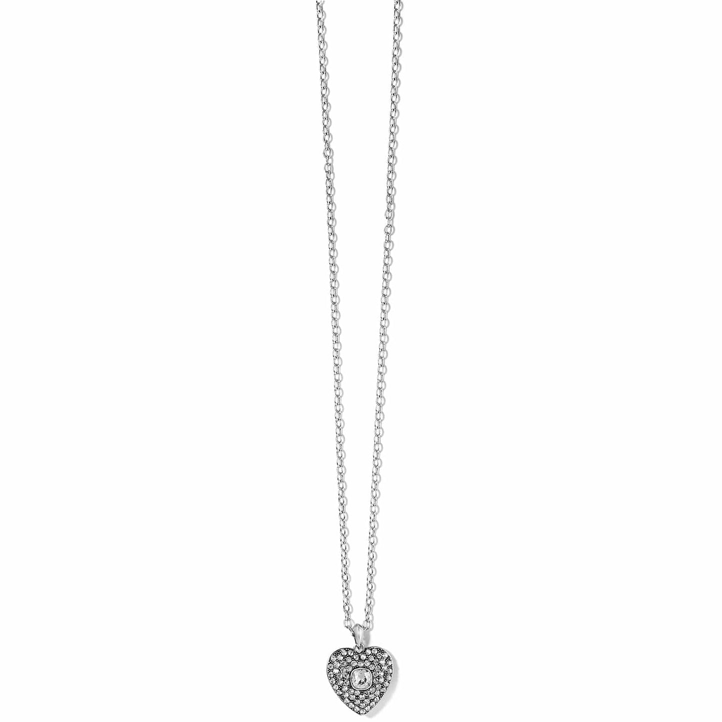 Brighton pendant necklace with silver-plated heart charm and crystal accents on a delicate chain on a white background