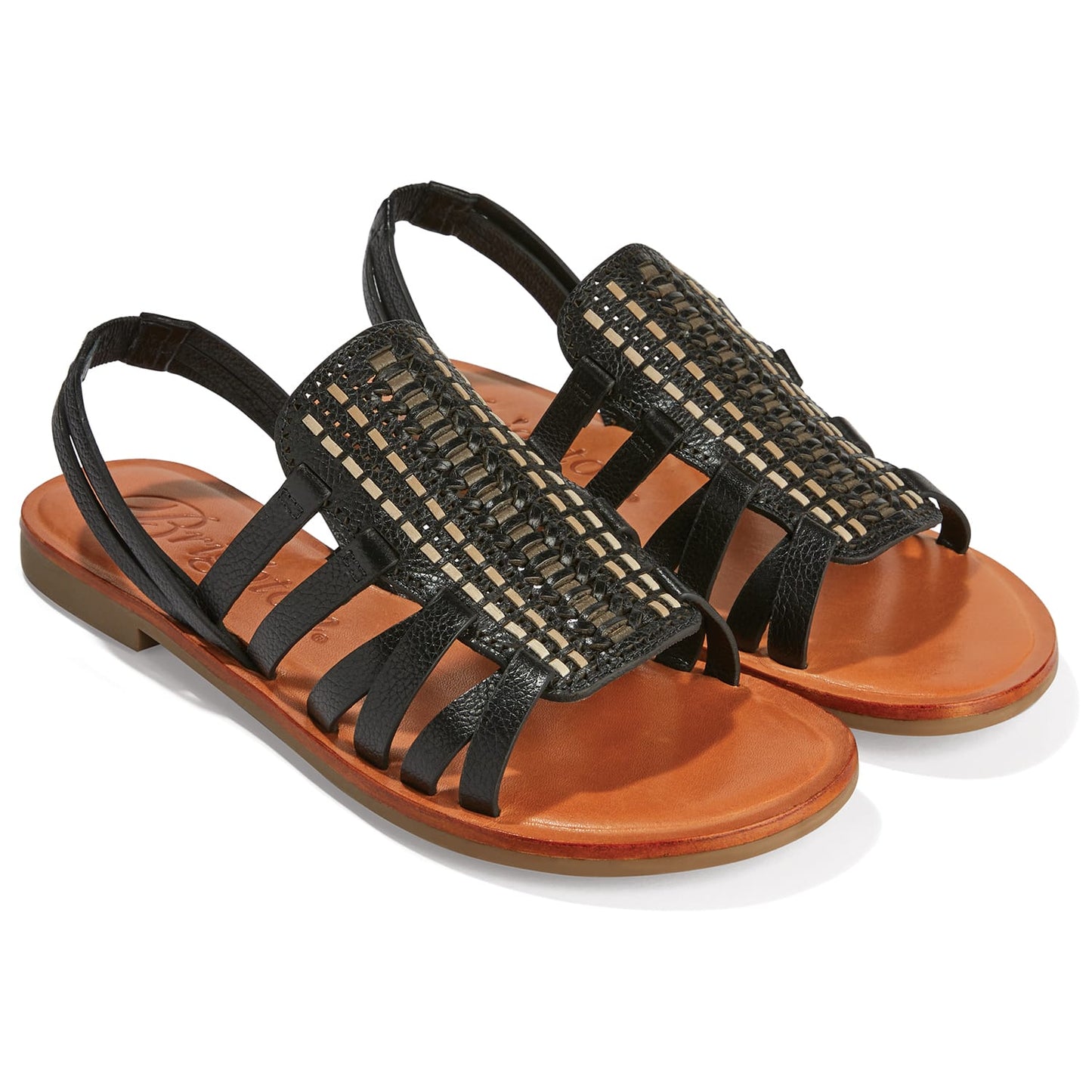 Brighton black leather sandals with woven strap detail, slingback strap, and tan footbed on a white background