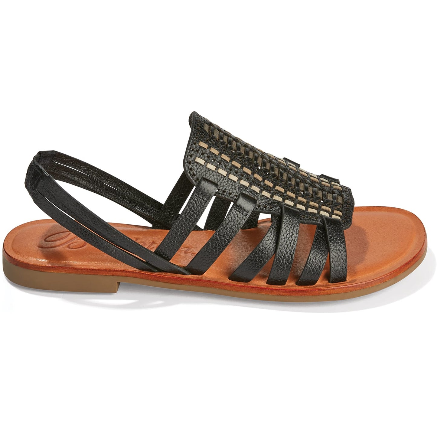 Brighton strappy leather sandal in black with woven detail, tan footbed, and slingback strap on a white background