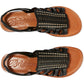 Brighton black leather sandals with woven strap detail and tan contoured footbeds shown from above on a white background