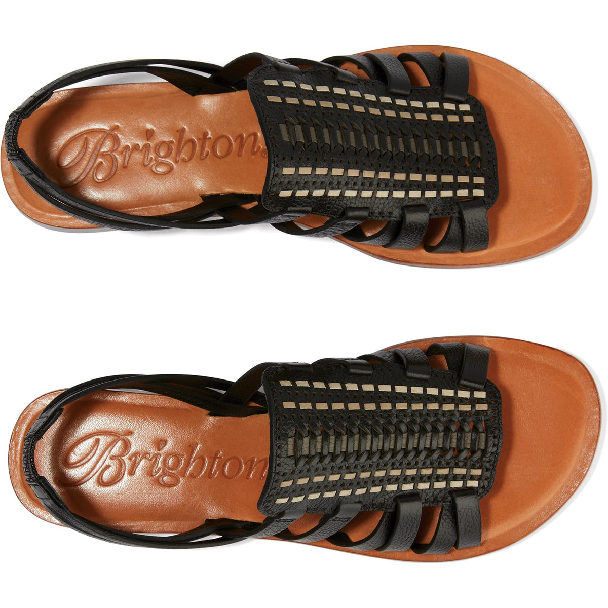 Brighton black leather sandals with woven strap detail and tan contoured footbeds shown from above on a white background