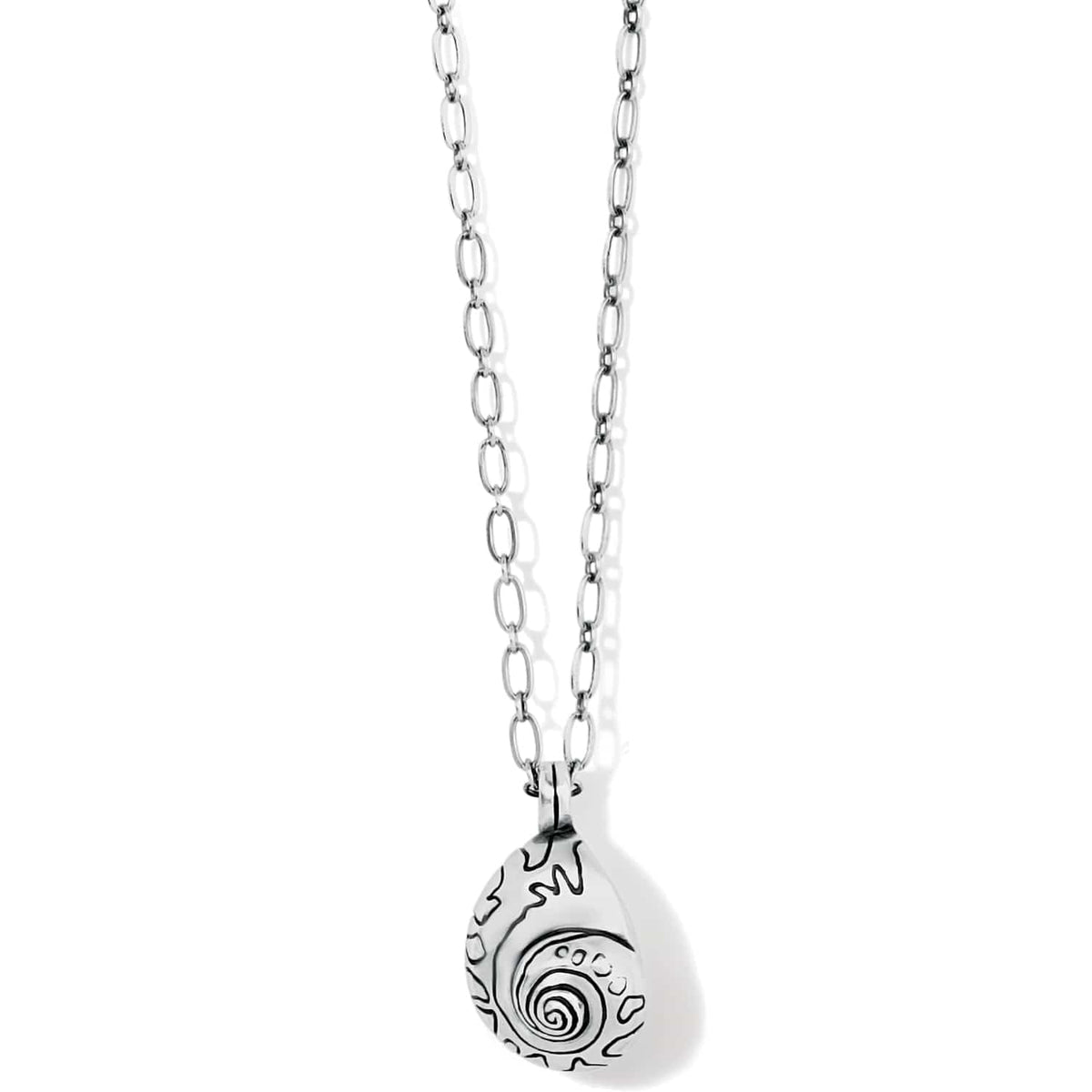 Brighton pendant necklace with silver-plated teardrop charm featuring engraved swirl design and oval link chain on a white background