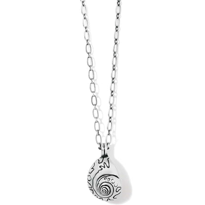 Brighton pendant necklace with silver-plated teardrop charm featuring engraved swirl design and oval link chain on a white background