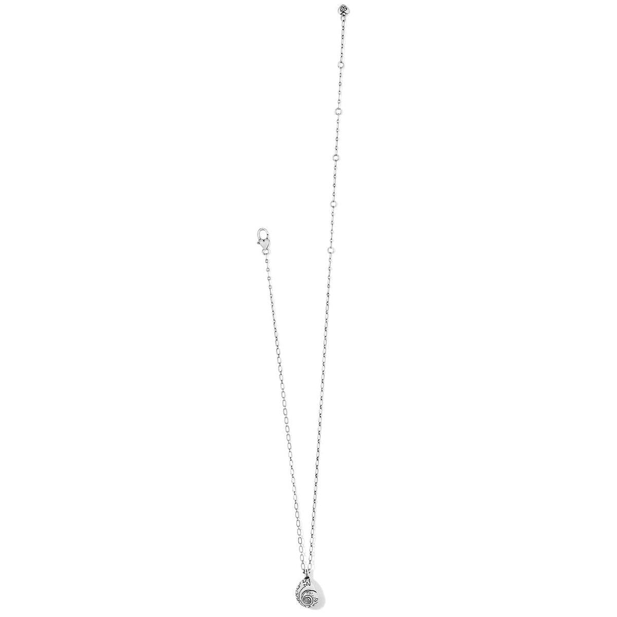 Brighton pendant necklace with silver-plated chain, lobster clasp, and small engraved spiral drop pendant on a white background