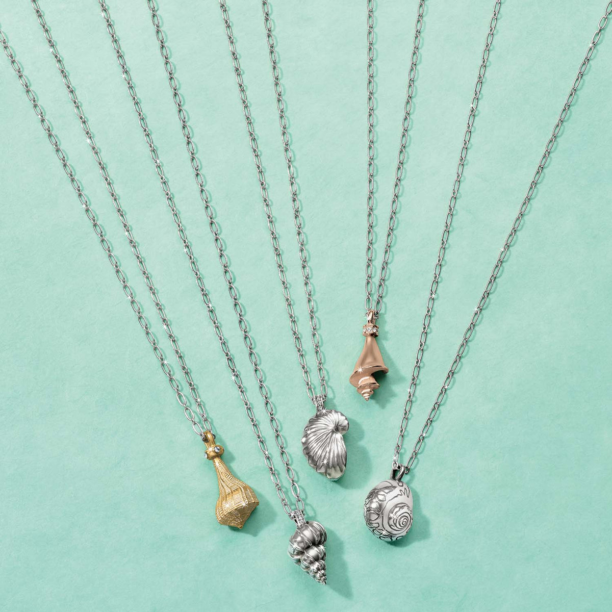 Brighton silver-plated chain necklaces styled with assorted seashell pendants in gold, silver, and rose gold tones