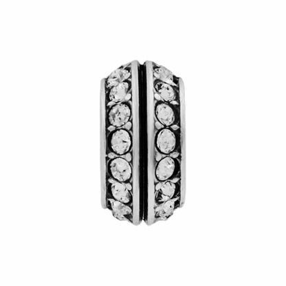 Brighton silver-plated bead charm with two rows of pavé crystals and grooved center band on a white background