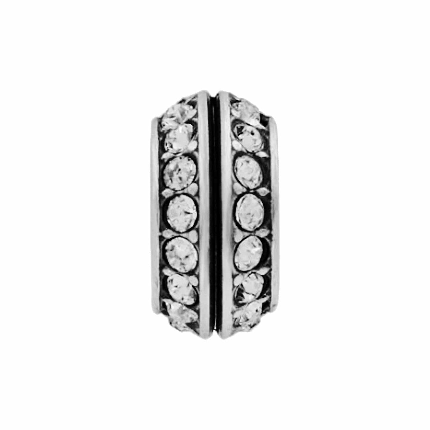 Brighton silver-plated bead charm with two rows of pavé crystals and grooved center band on a white background