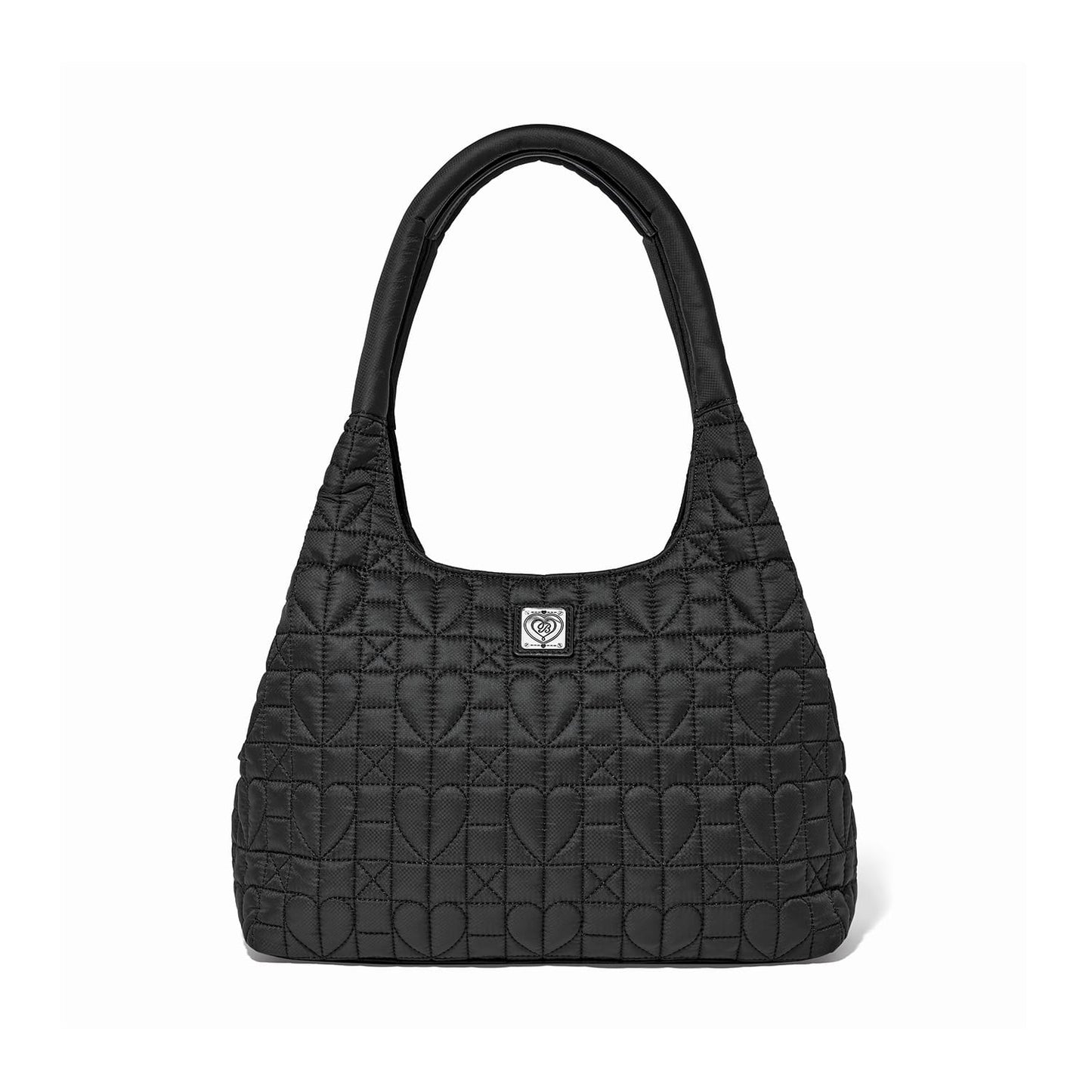 Brighton handbag in black quilted fabric with heart pattern stitching and silver-tone logo plaque on a white background