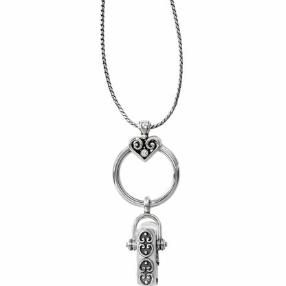 Brighton pendant necklace with silver-plated heart charm, crystal accent, ring holder, and clip charm on a white background