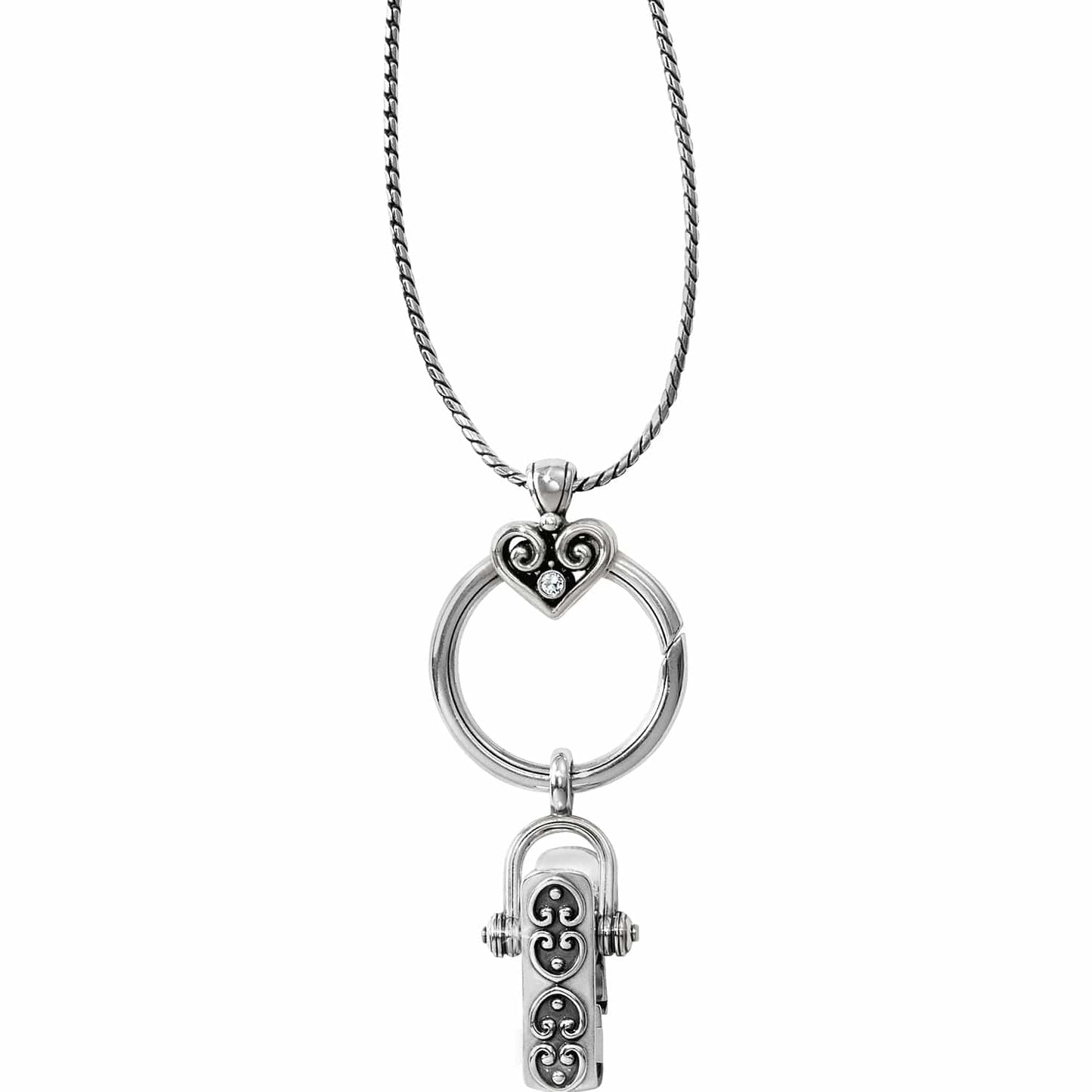 Brighton pendant necklace with silver-plated heart charm, crystal accent, ring holder, and clip charm on a white background