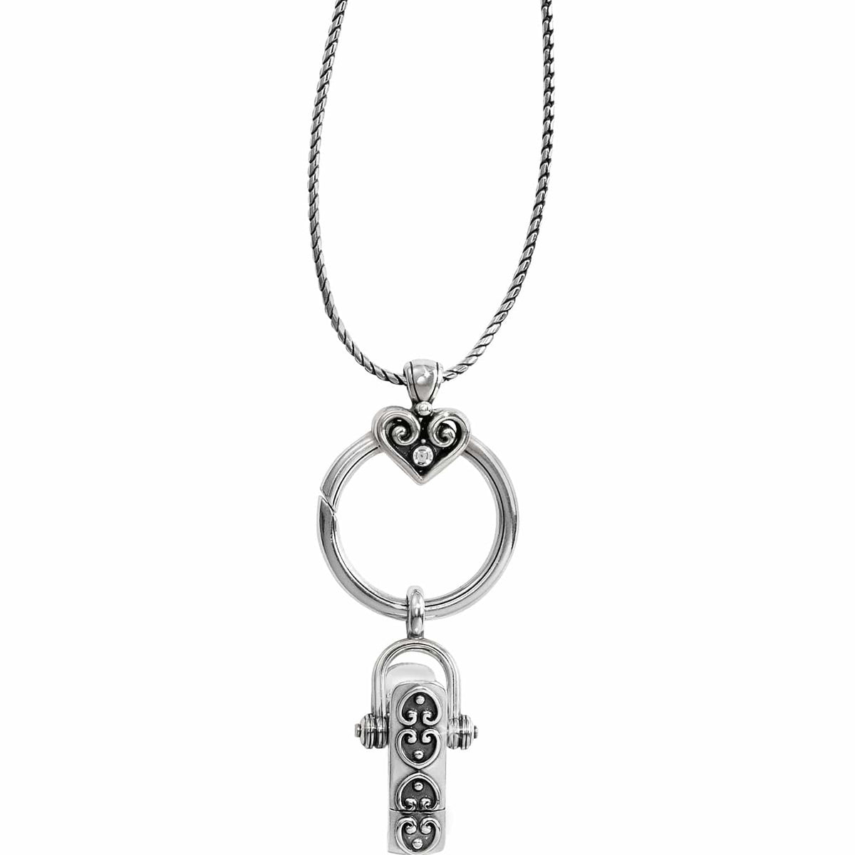 Brighton pendant necklace with silver-plated heart, ring holder, and scrollwork charm on a white background