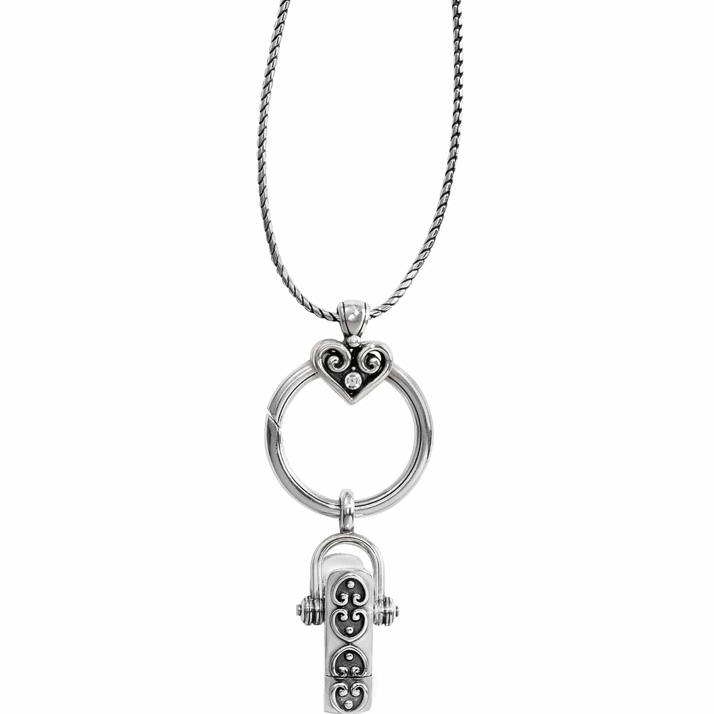 Brighton pendant necklace with silver-plated heart, ring holder, and scrollwork charm on a white background