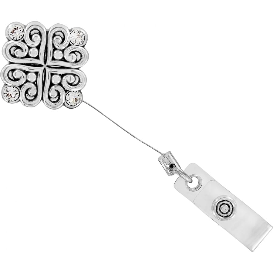 Brighton retractable badge clip with silver-plated scrollwork square, crystal accents, and clip attachment on a white background