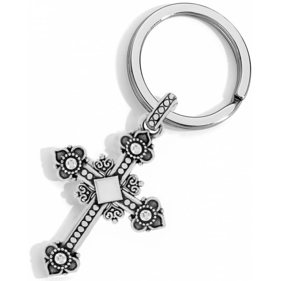 Brighton cross keychain with silver-plated ornate detailing, crystal accents, and split ring on a white background