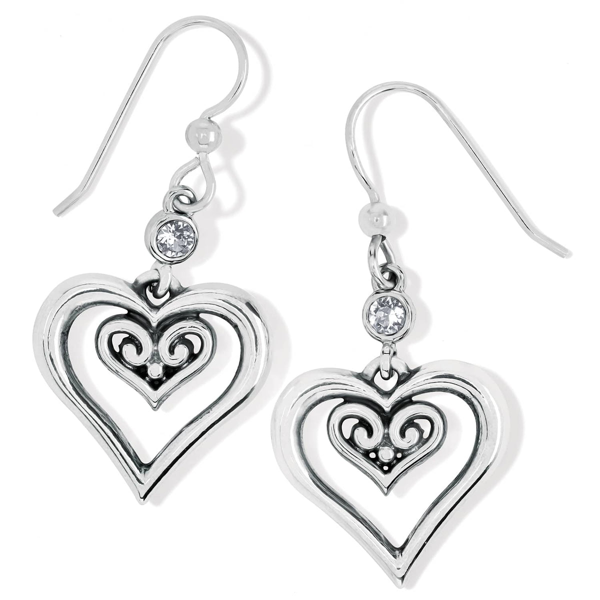 Brighton drop earrings with silver-plated double heart design, scroll detail, and crystal accents on a white background