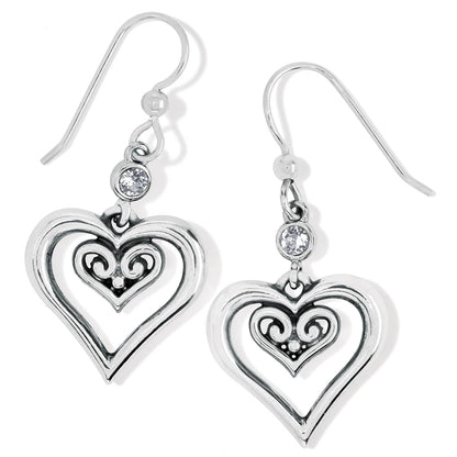 Brighton drop earrings with silver-plated double heart design, scroll detail, and crystal accents on a white background
