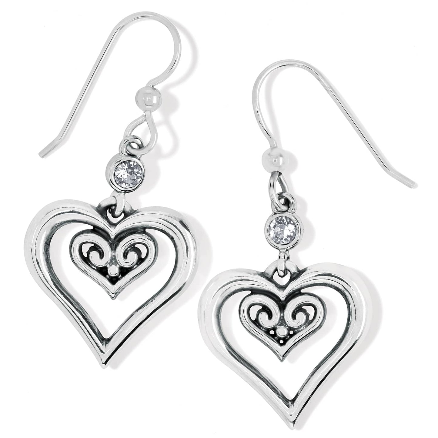 Brighton drop earrings with silver-plated double heart design, scroll detail, and crystal accents on a white background
