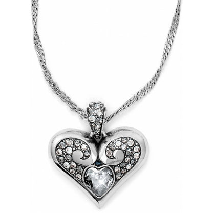 Brighton heart pendant necklace with silver-plated scroll design, crystal accents, and faceted heart stone on a white background