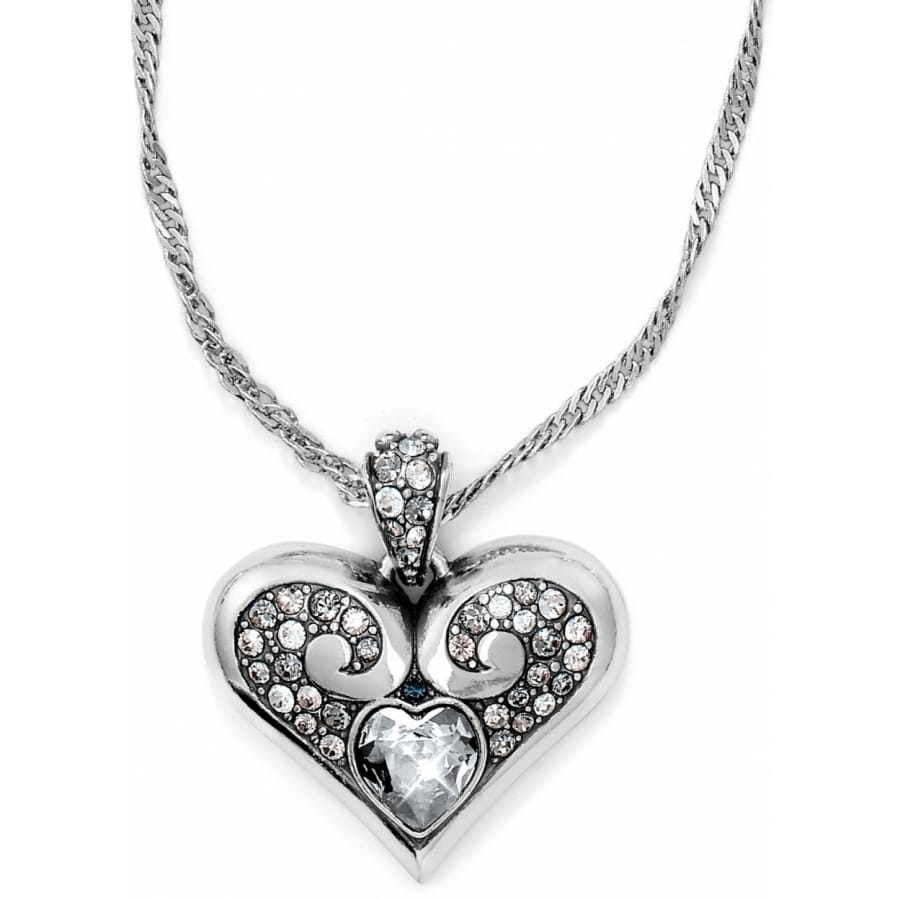 Brighton heart pendant necklace with silver-plated scroll design, crystal accents, and faceted heart stone on a white background