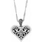 Brighton pendant necklace with silver-plated heart, scroll filigree design, and crystal-set center heart on a white background
