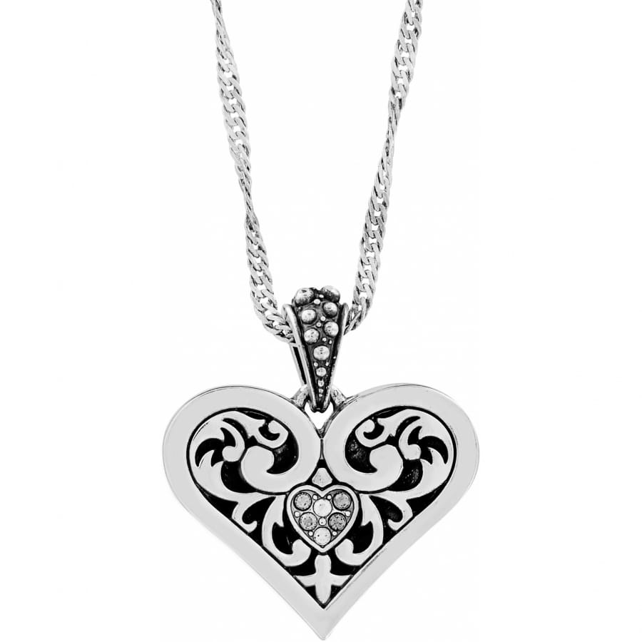 Brighton pendant necklace with silver-plated heart, scroll filigree design, and crystal-set center heart on a white background