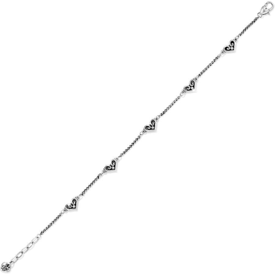 Brighton silver-plated bracelet with heart-shaped stations, crystal accents, and lobster clasp on a white background