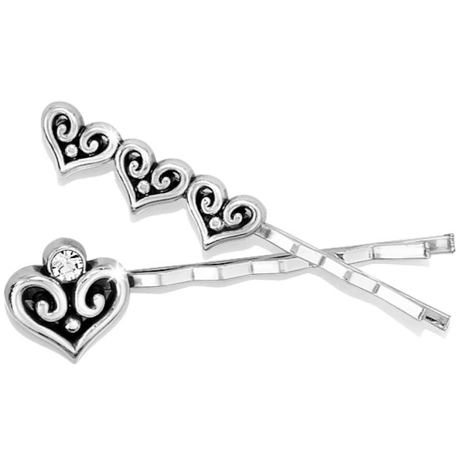 Brighton silver-plated heart bobby pins with scroll detailing and single crystal accent on a white background