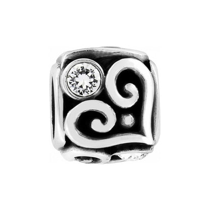 Brighton charm bead with silver-plated scroll swirl design and crystal accents on a white background