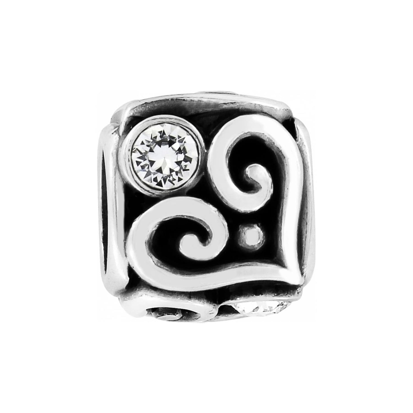 Brighton charm bead with silver-plated scroll swirl design and crystal accents on a white background