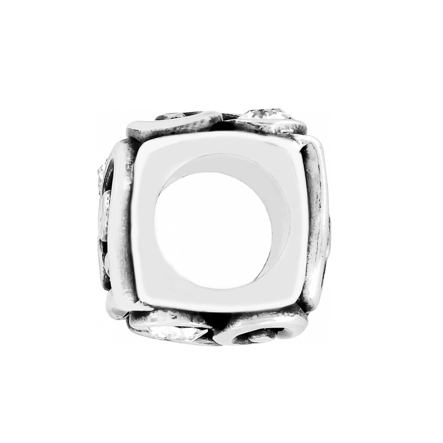 Brighton silver-plated charm bead with square shape, crystal accents, and decorative openwork sides on a white background
