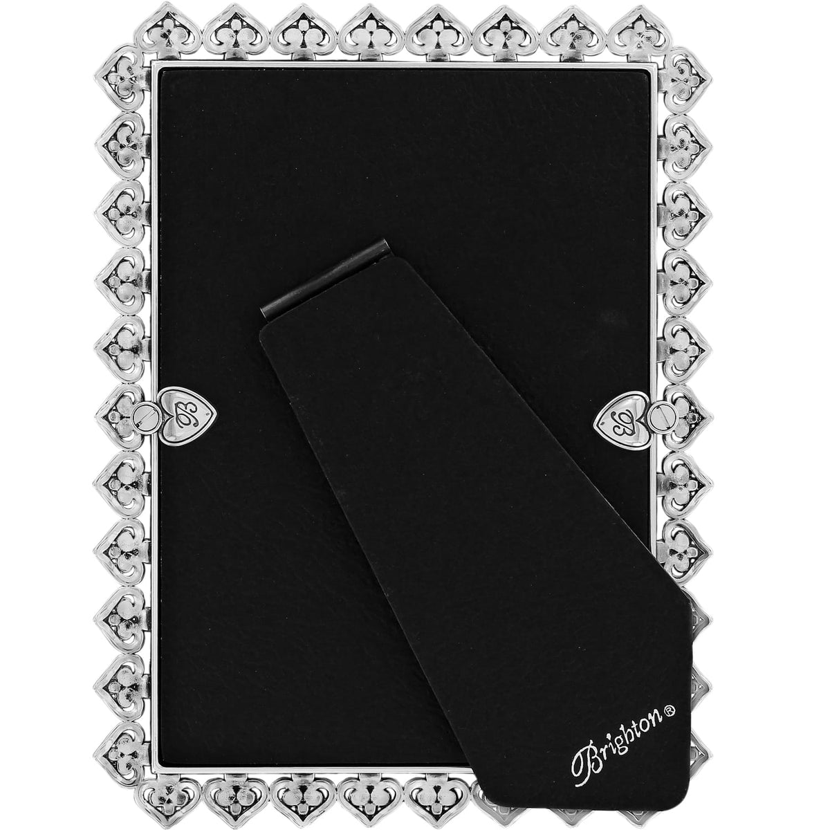 Brighton picture frame shown from the back with silver-plated heart border and black easel stand on a white background