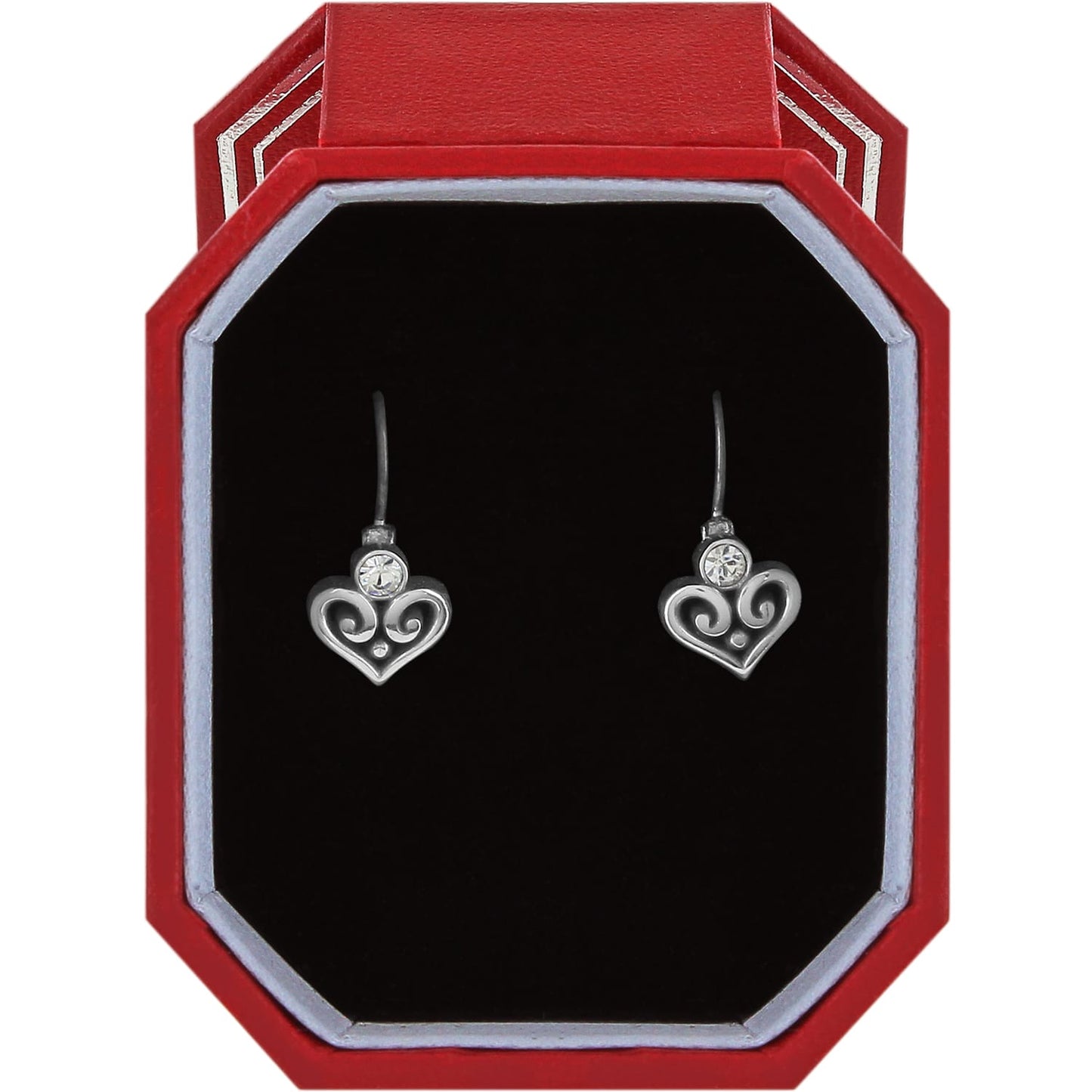 Brighton silver-plated heart drop earrings with crystal accents in a red octagonal gift box on a white background