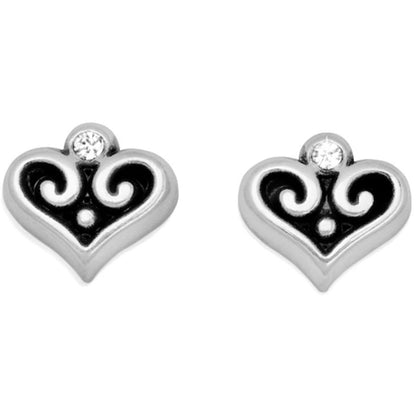 Brighton stud earrings with silver-plated heart design, scroll detailing, and crystal accents on a white background