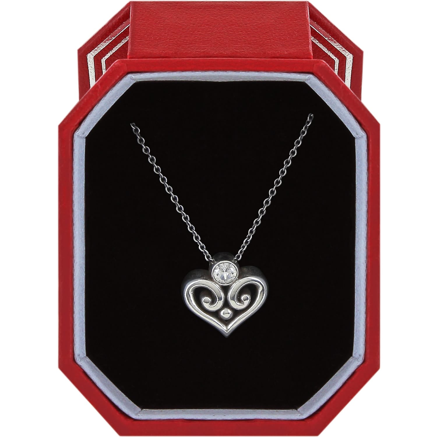 Brighton silver-plated heart pendant necklace with crystal accent and scroll detail in a red gift box